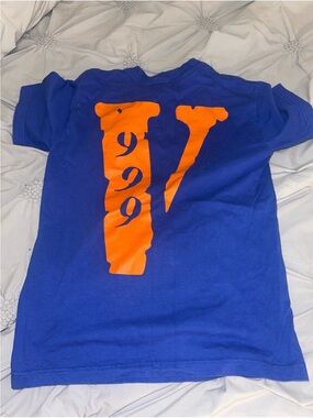 VLONE Blue Short Sleeve Tee with Orange 'V' Graphic